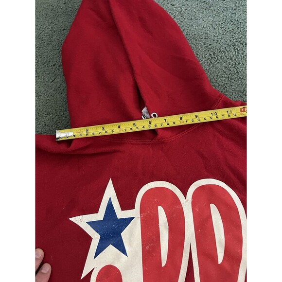 Jerzees Red Hoodie with White and Blue Design - Picture 4 of 14